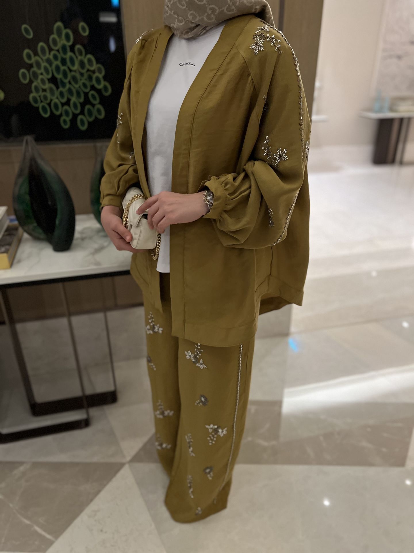 İşlemeli Kimono Takım Yağ Yeşili