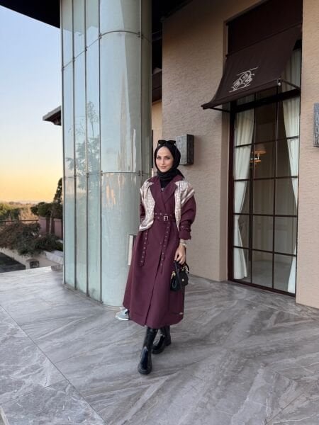 Çift kemer detaylı Trenç bordo