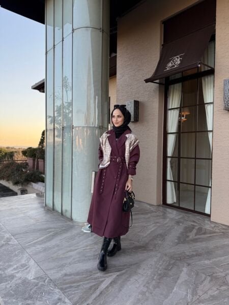 Çift kemer detaylı Trenç bordo