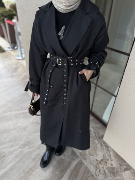 Çift kemer detaylı Trenç siyah