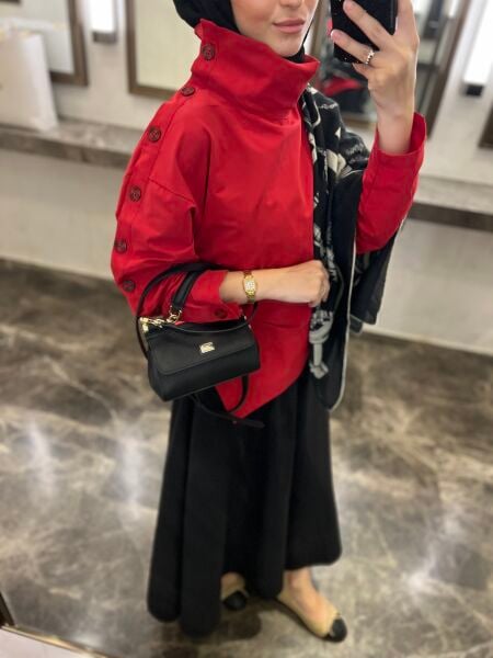 Düğme detaylı asimetrik gömlek kırmızı
