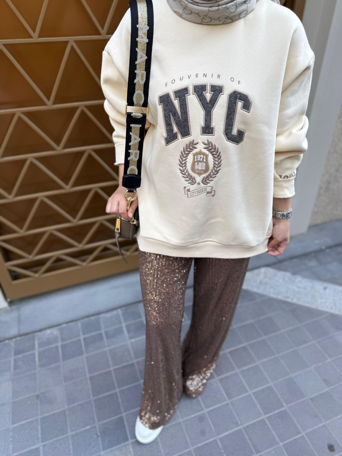 Pul payetli palazzo kesim pantolon kahve