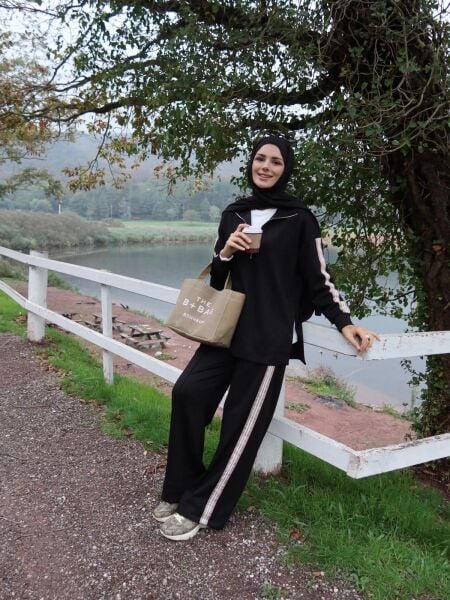 Şeritli Modal Eşofman Siyah