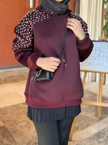 Taşlı Sweatshirt bordo