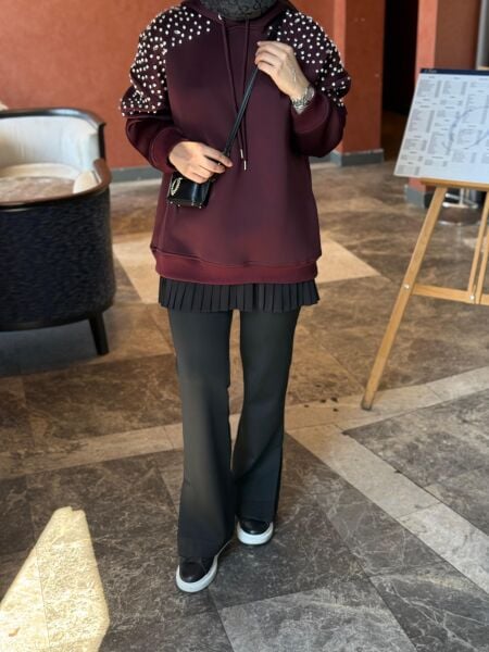 Taşlı Sweatshirt bordo