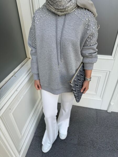 Taşlı Sweatshirt Gri
