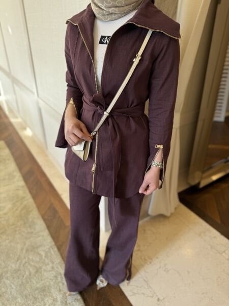 Fermuar detaylı takım bordo