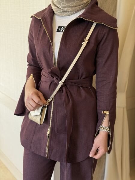 Fermuar detaylı takım bordo