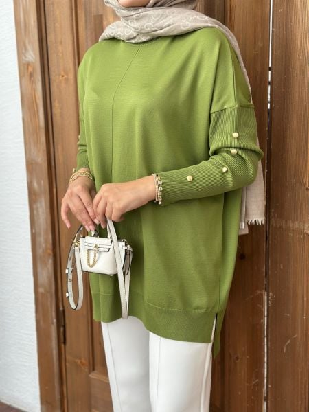 Kolları düğmeli kazak yeşil