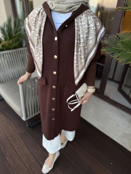 Angora Kolu Triko Detaylı Hırka KAHVERENGİ