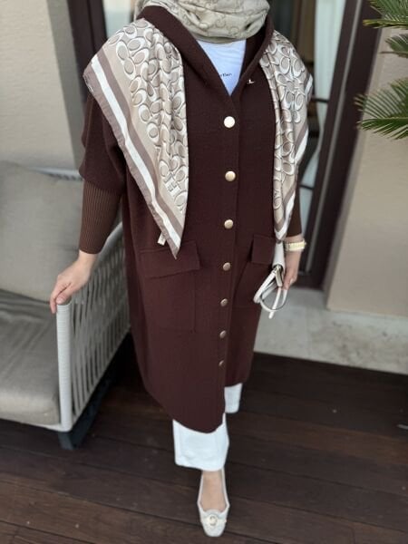 Angora Kolu Triko Detaylı Hırka KAHVERENGİ