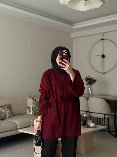 Angora kemerli kazak bordo