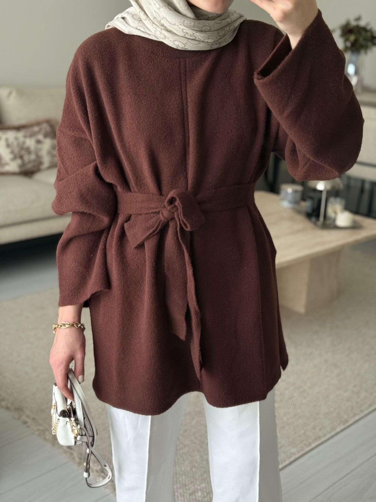 Angora kemerli kazak kahverengi