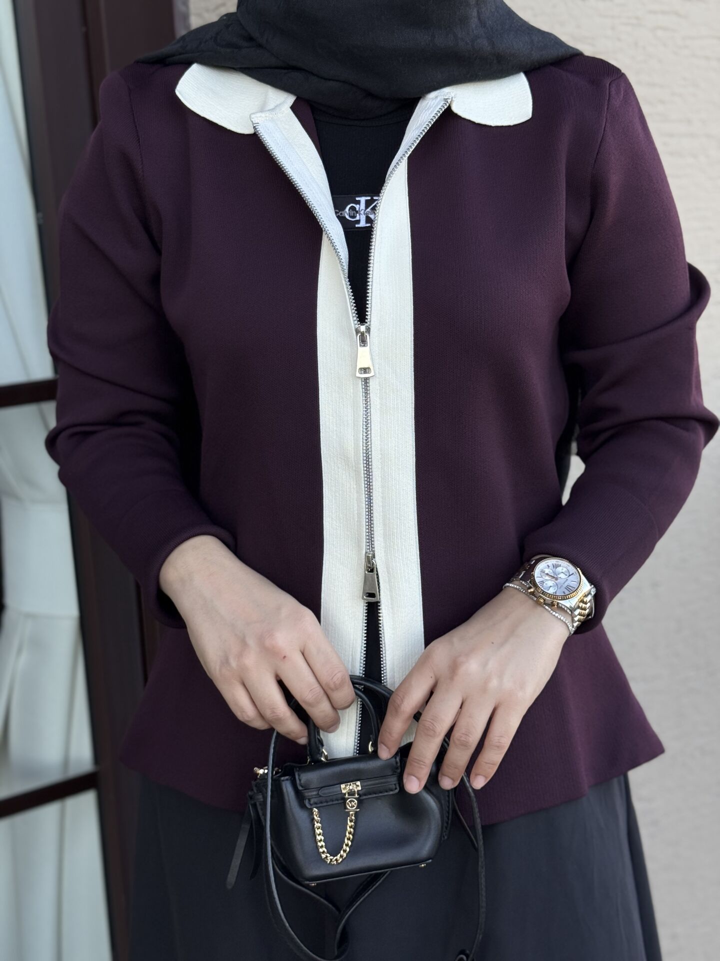 Çift fermuarlı triko ceket bordo