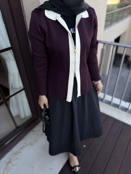 Çift fermuarlı triko ceket bordo