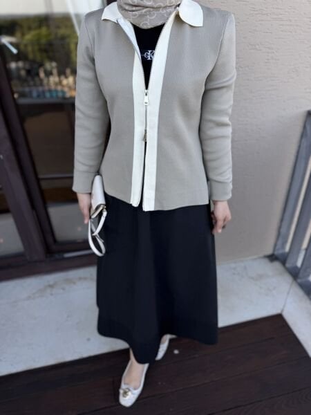 Çift fermuarlı triko ceket vizon