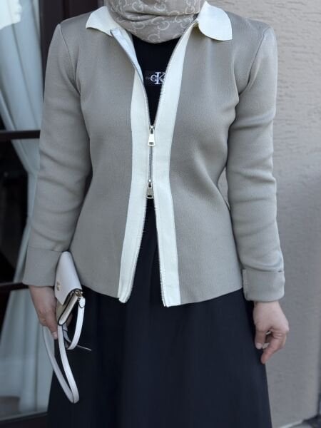 Çift fermuarlı triko ceket vizon