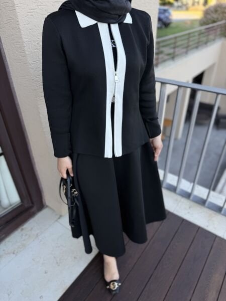 Çift fermuarlı triko ceket siyah