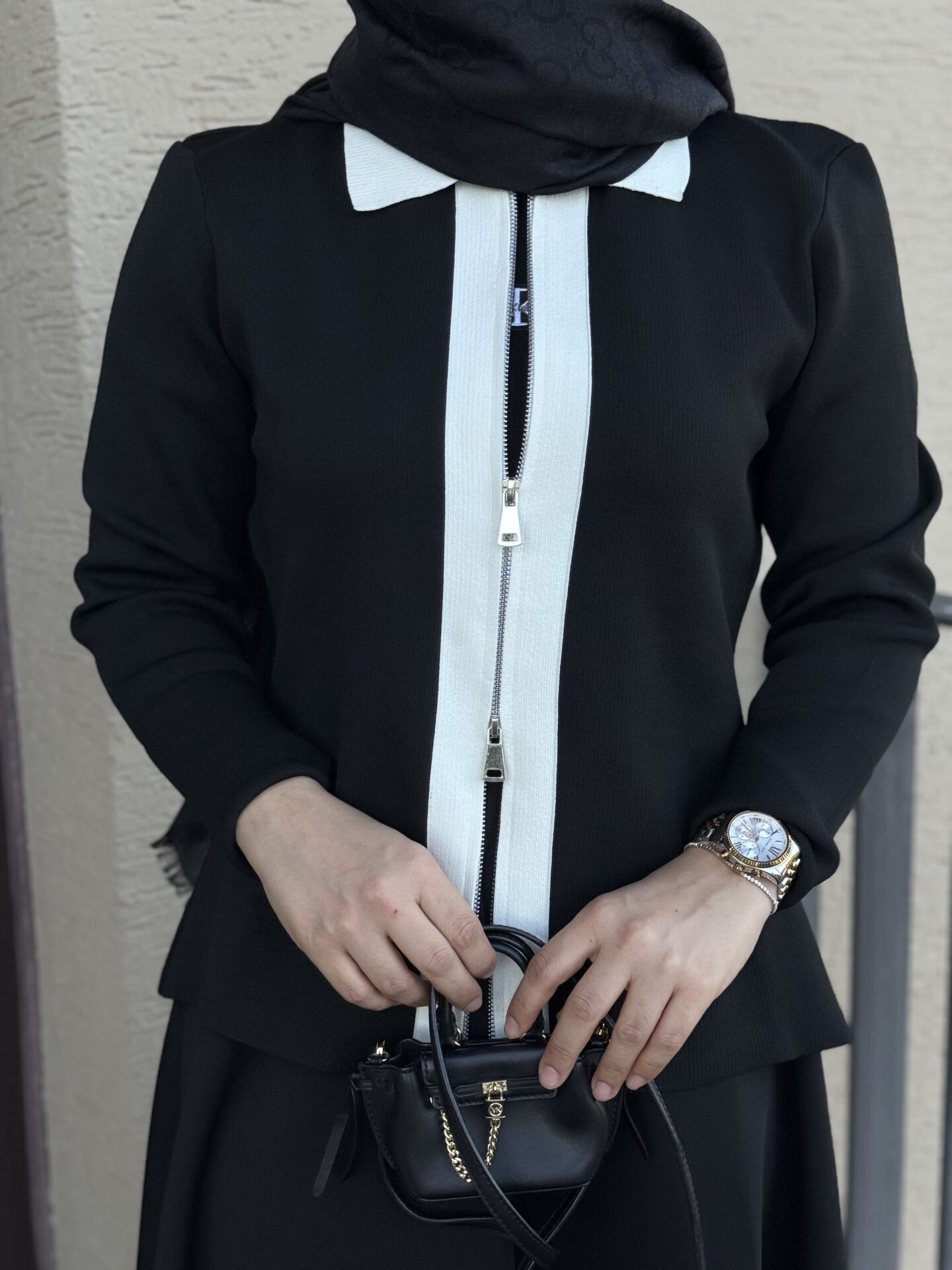 Çift fermuarlı triko ceket siyah