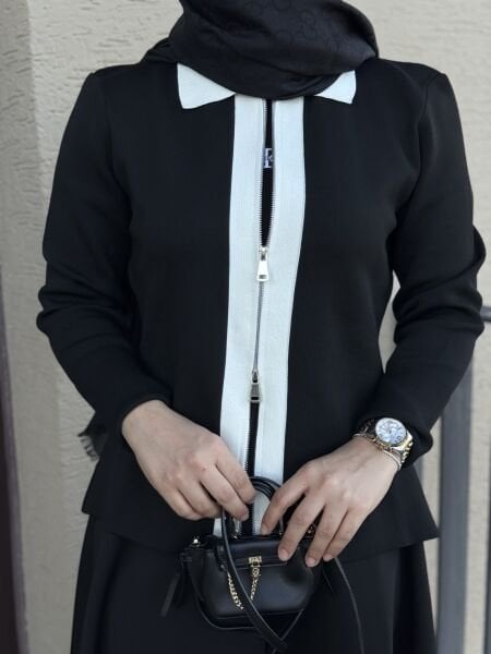 Çift fermuarlı triko ceket siyah