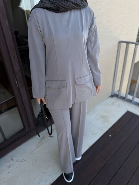 Önü cep DETAYLI Takım Gri