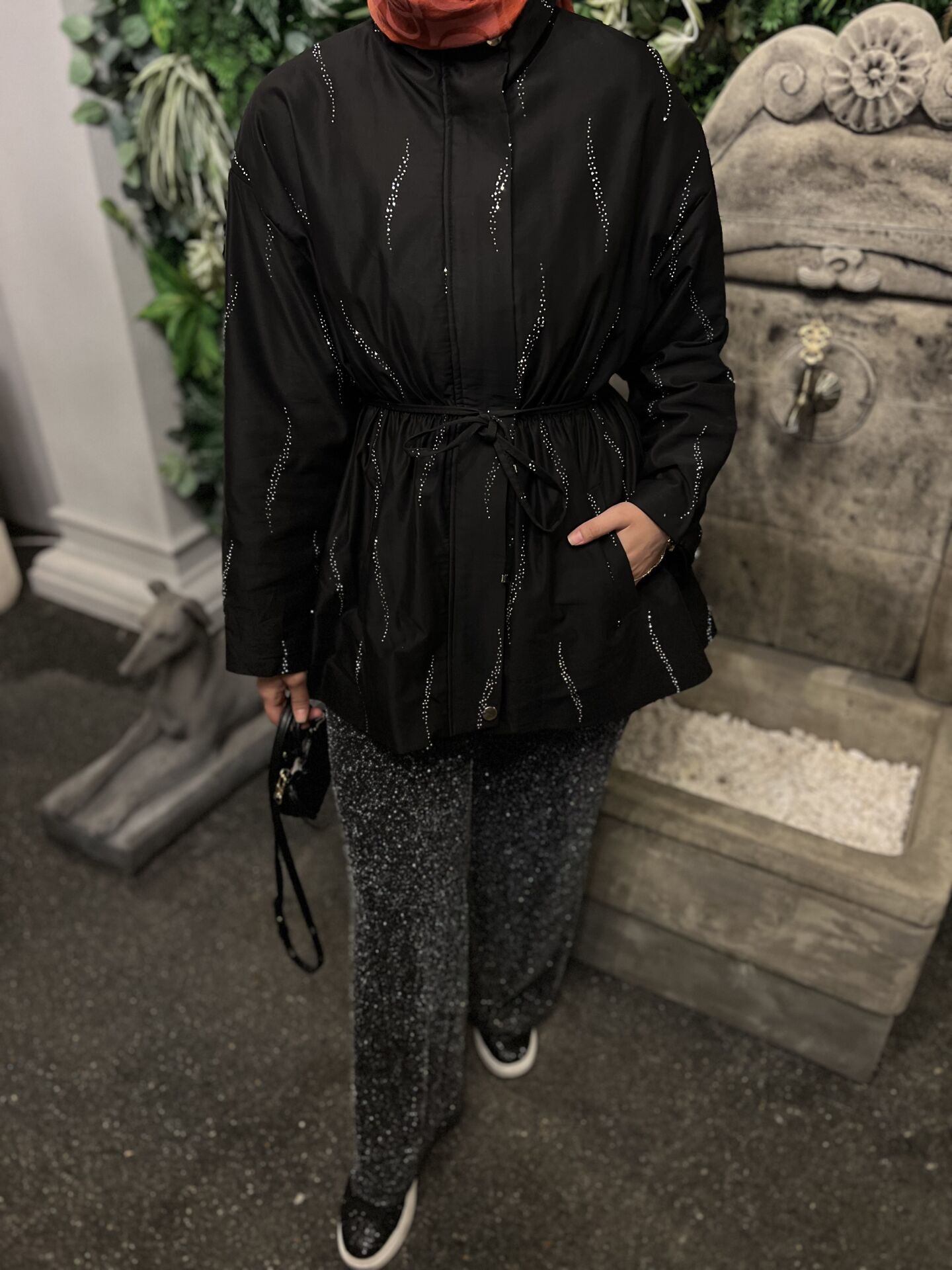 Taşlı Trençkot Siyah