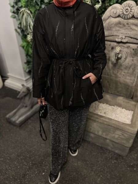 Taşlı Trençkot Siyah