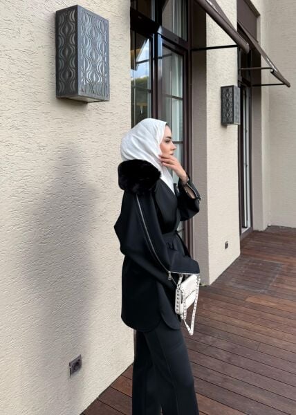 Yakası Seyyar Kürklü Scuba Takım Siyah