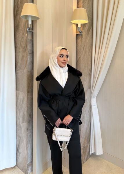 Yakası Seyyar Kürklü Scuba Takım Siyah