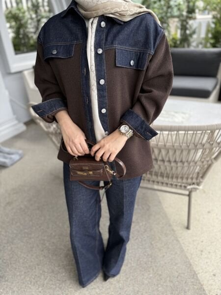 Triko Detaylı Kot Gömlek Kahve