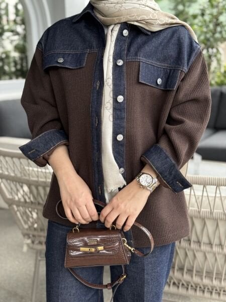 Triko Detaylı Kot Gömlek Kahve