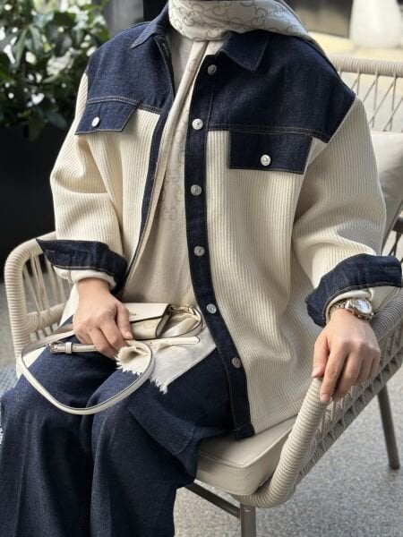 Triko Detaylı Kot Gömlek Krem