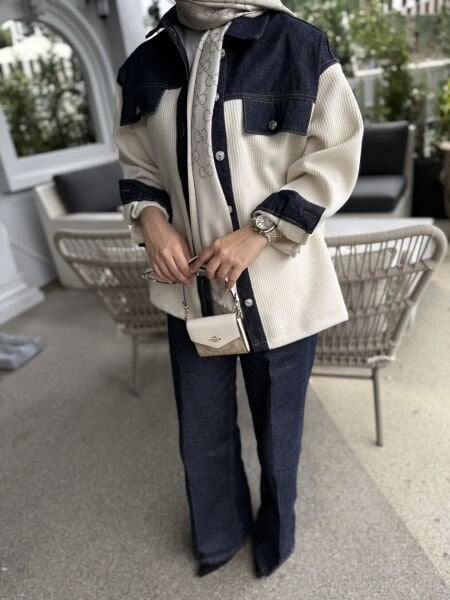 Triko Detaylı Kot Gömlek Krem