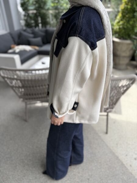 Triko Detaylı Kot Gömlek Krem