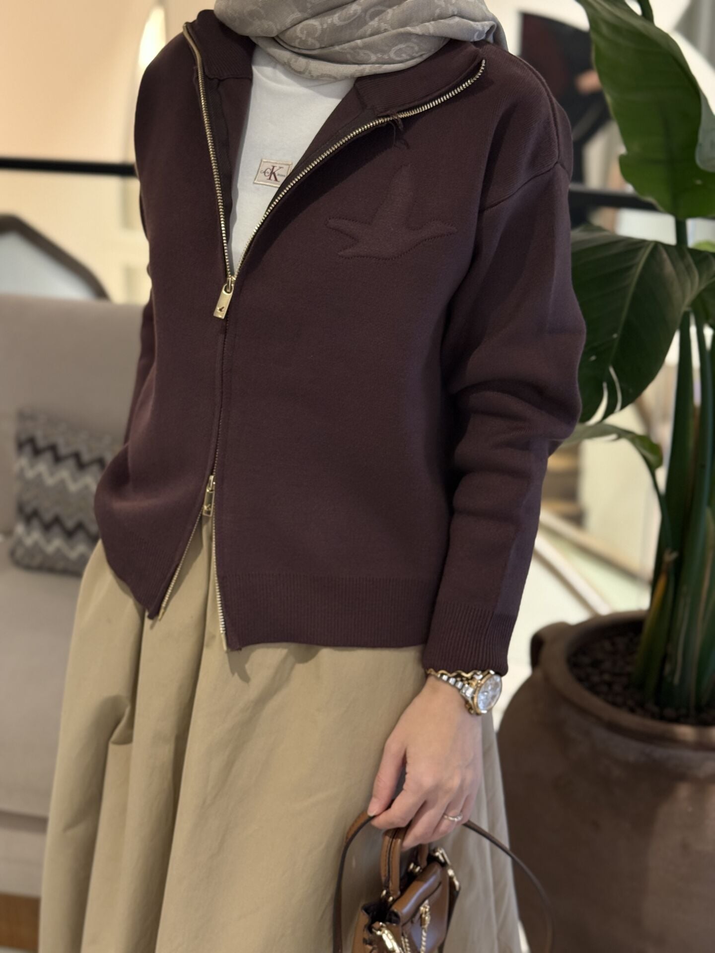 Logolu çift Fermuar hırka kahve