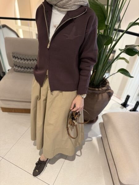 Logolu çift Fermuar hırka kahve