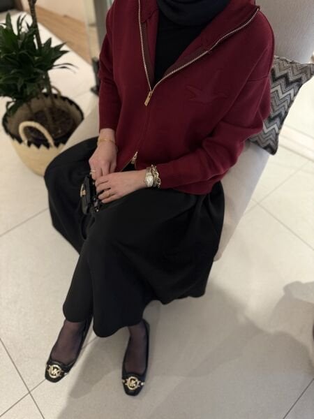 Logolu çift Fermuar hırka bordo