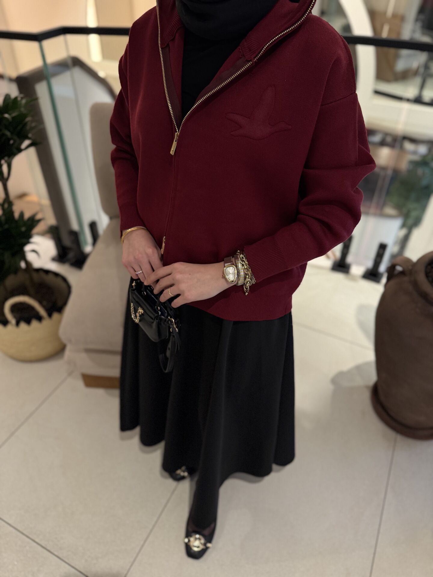 Logolu çift Fermuar hırka bordo