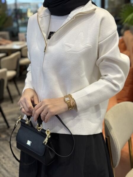 logolu çift fermuar hrka beyaz