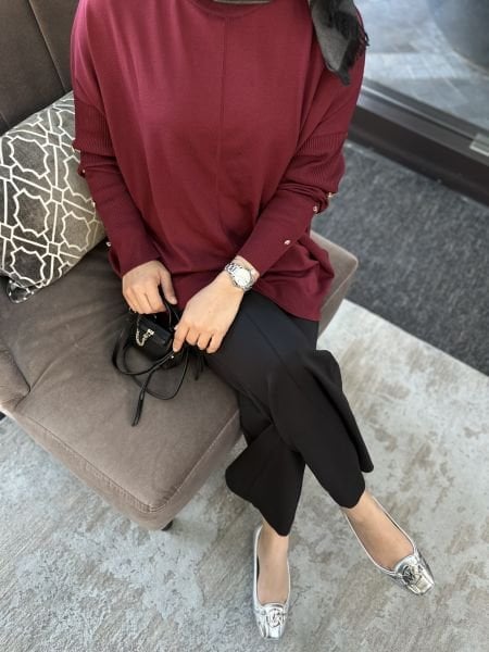 Kolları düğmeli kazak Bordo