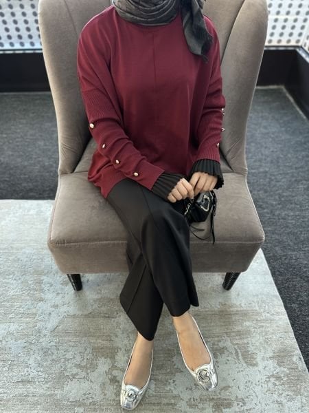 Kolları düğmeli kazak Bordo