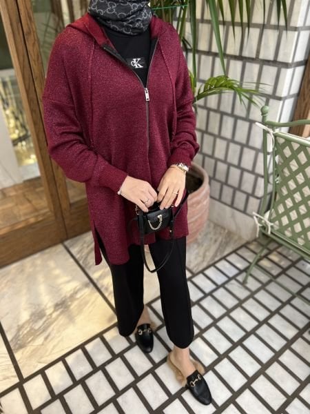 Merserize Bordo Simli Hırka