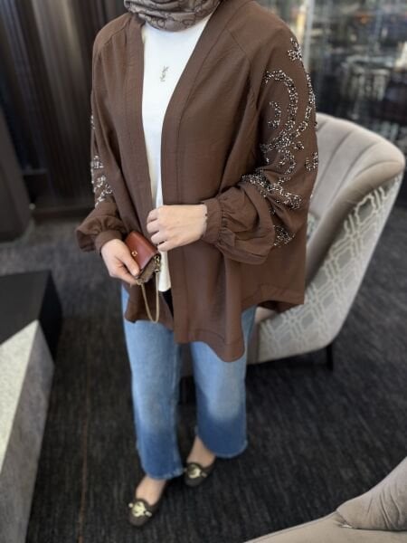 İşlemeli Kimono / KAHVERENGİ