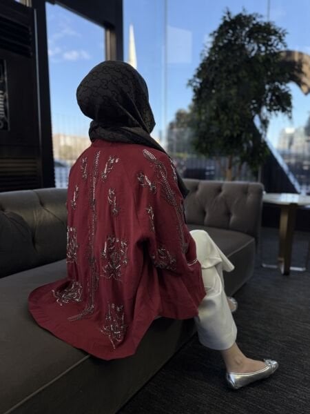 Yeni işlemeli kimono bordo