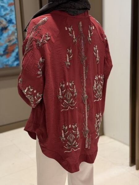Yeni işlemeli kimono bordo