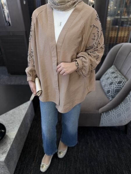 İşlemeli kimono - BEJ