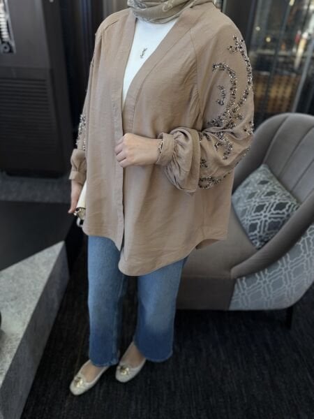 İşlemeli kimono - BEJ