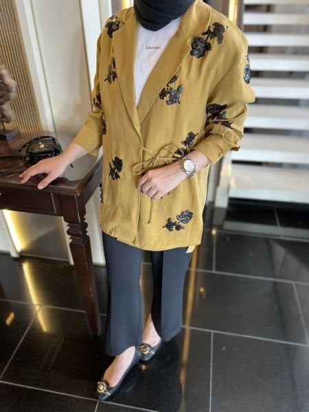 Pul detaylı kimono yağ yeşili