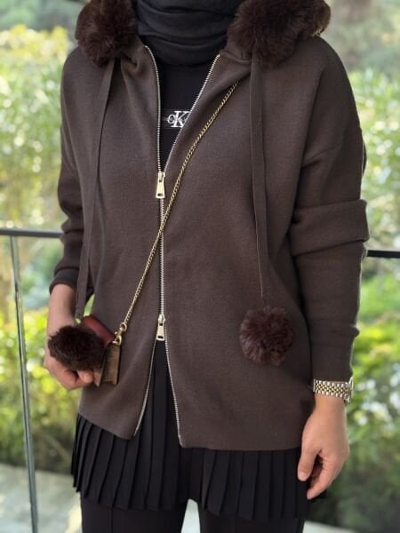 Kürk ponponlu hırka KAHVE