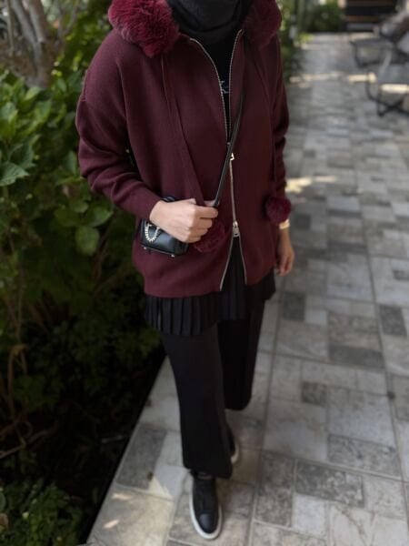 Kürk ponponlu hırka BORDO